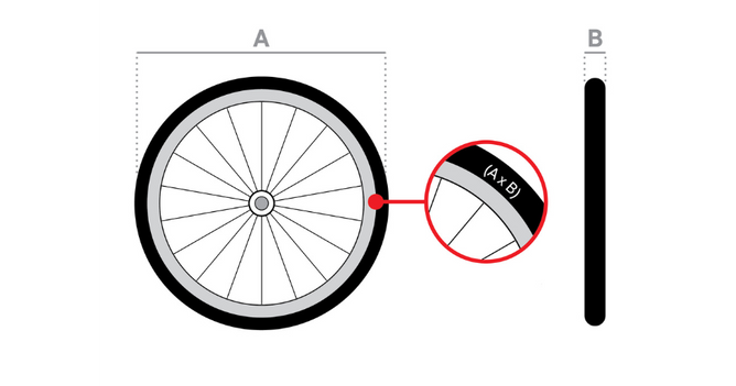A diagram of a bike tyre to show how to measure it.