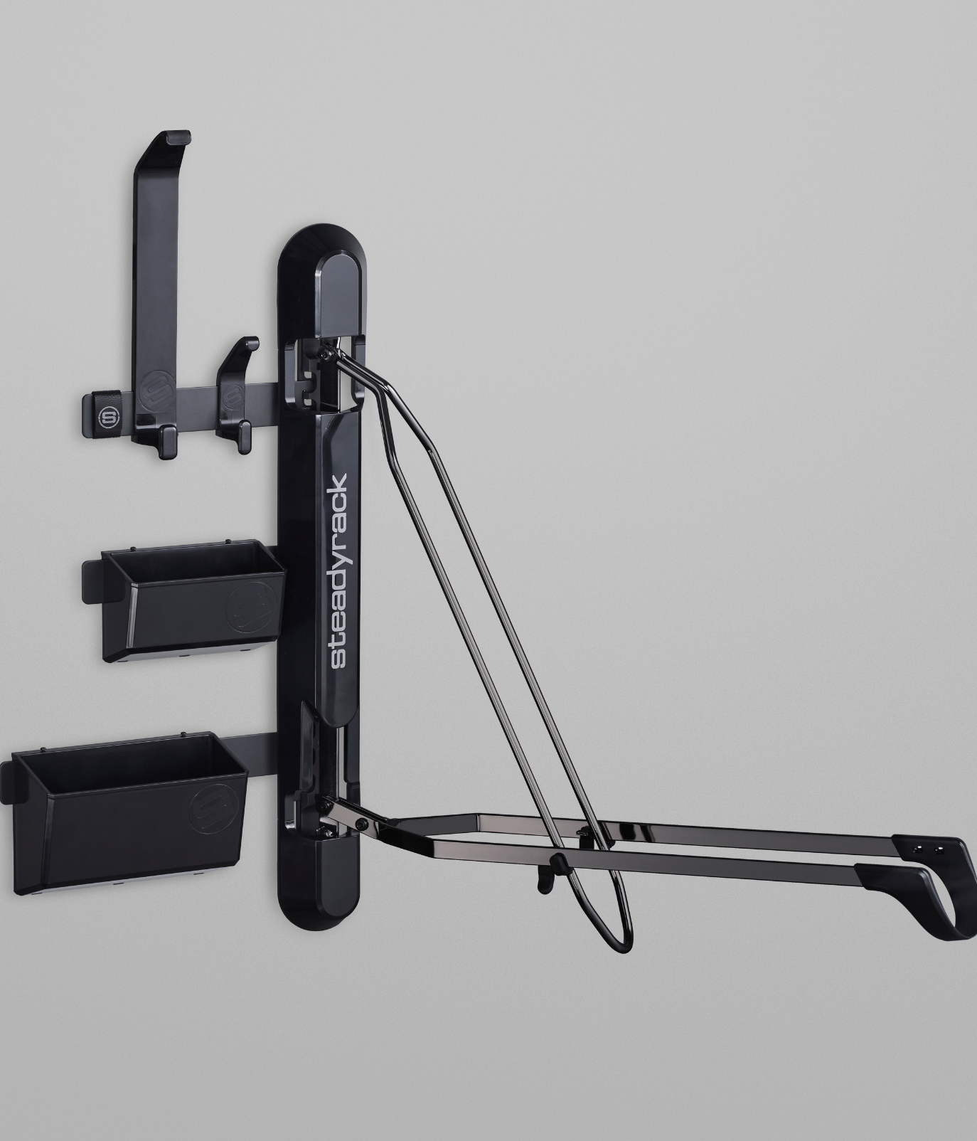 A ProFlex Rack with the rack arms open and GearMate components attached to the left.