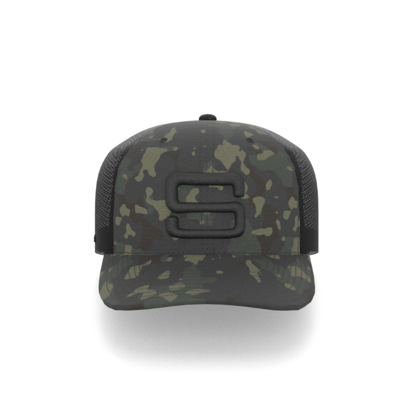 A camouflage cap with a black embroidered Steadyrack logo on the front and side, featuring a mesh back.