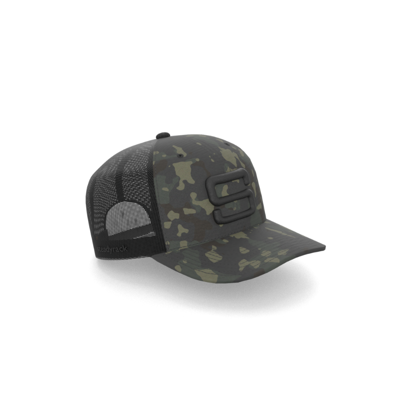 A side view of a camouflage cap with a black embroidered Steadyrack logo on the front and side, featuring a mesh back.