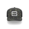 A camouflage cap with a white embroidered Steadyrack logo on the front and side, featuring a mesh back.