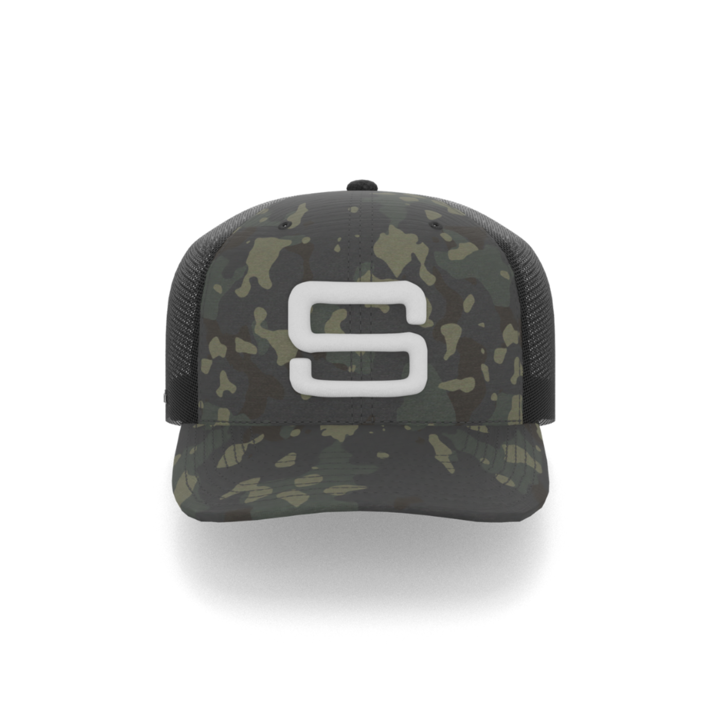 A camouflage cap with a white embroidered Steadyrack logo on the front and side, featuring a mesh back.