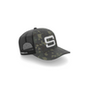 A side view of acamouflage cap with a white embroidered Steadyrack logo on the front and side, featuring a mesh back.