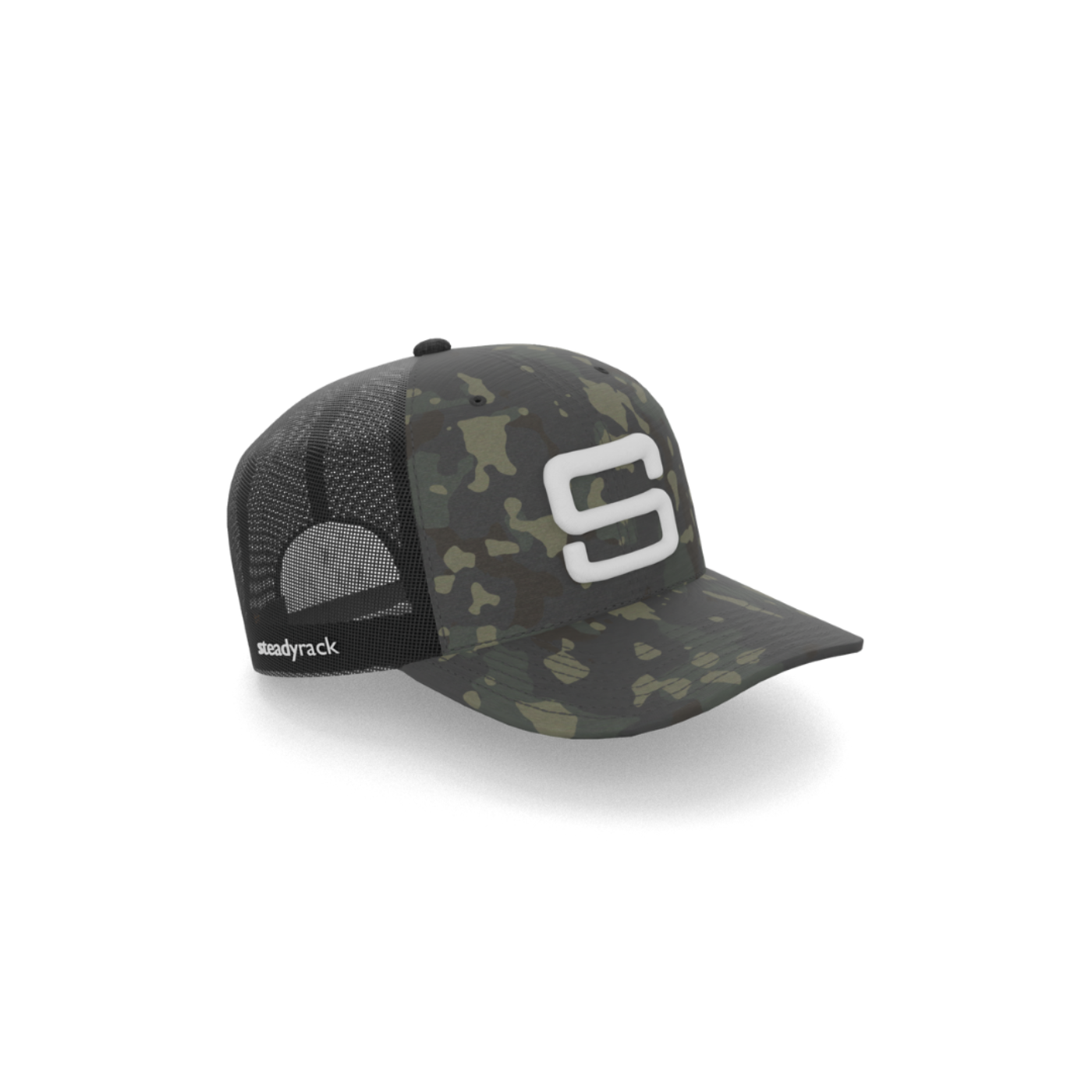 A side view of acamouflage cap with a white embroidered Steadyrack logo on the front and side, featuring a mesh back.