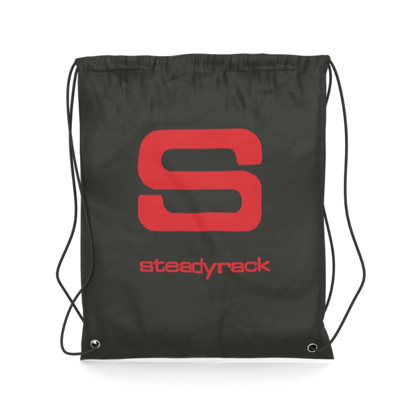 A black drawstring bag with a red 'S' logo and the brand name 'steadyrack' printed in red on the front.