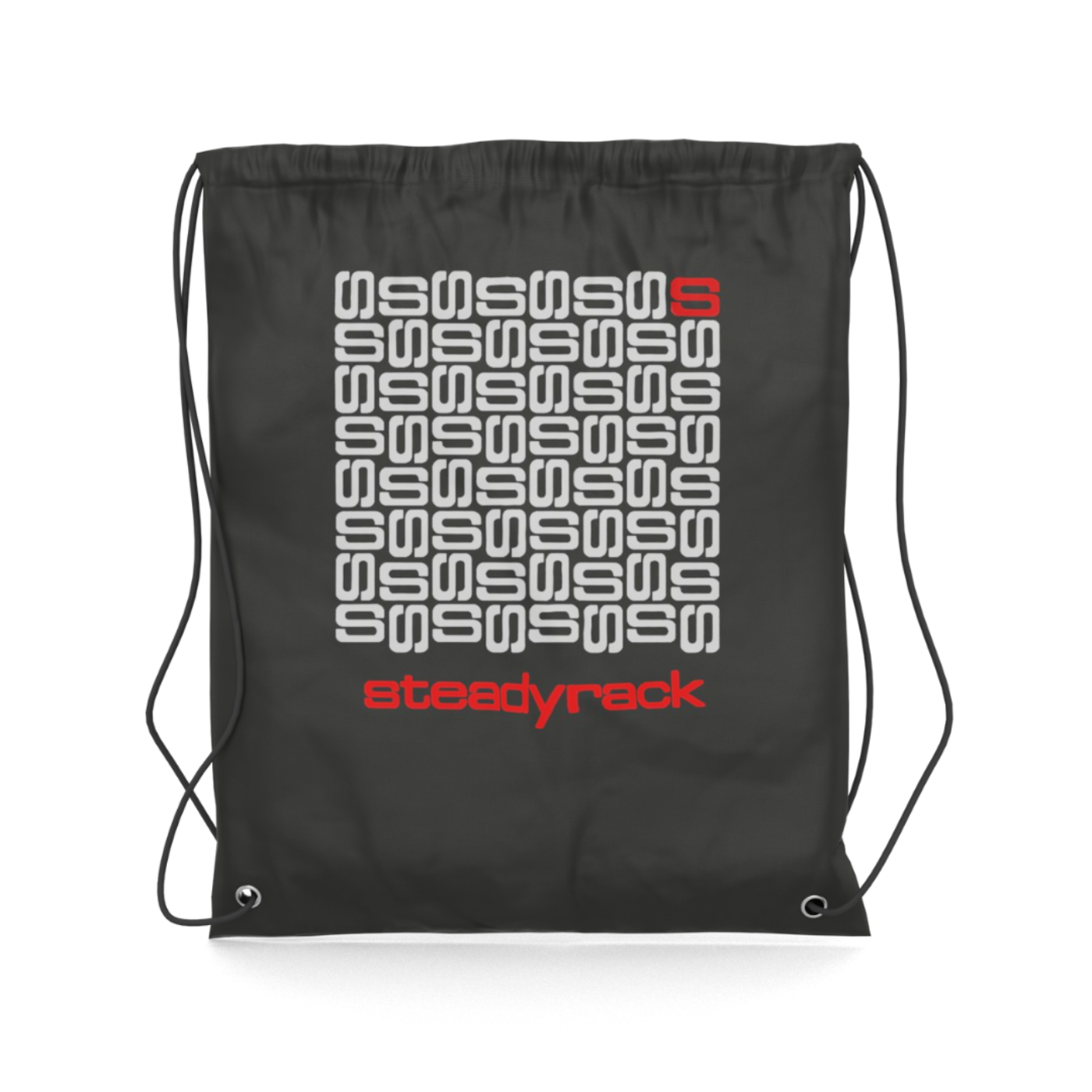 A black drawstring bag with the Steadyrack 'S' Block logo in white.