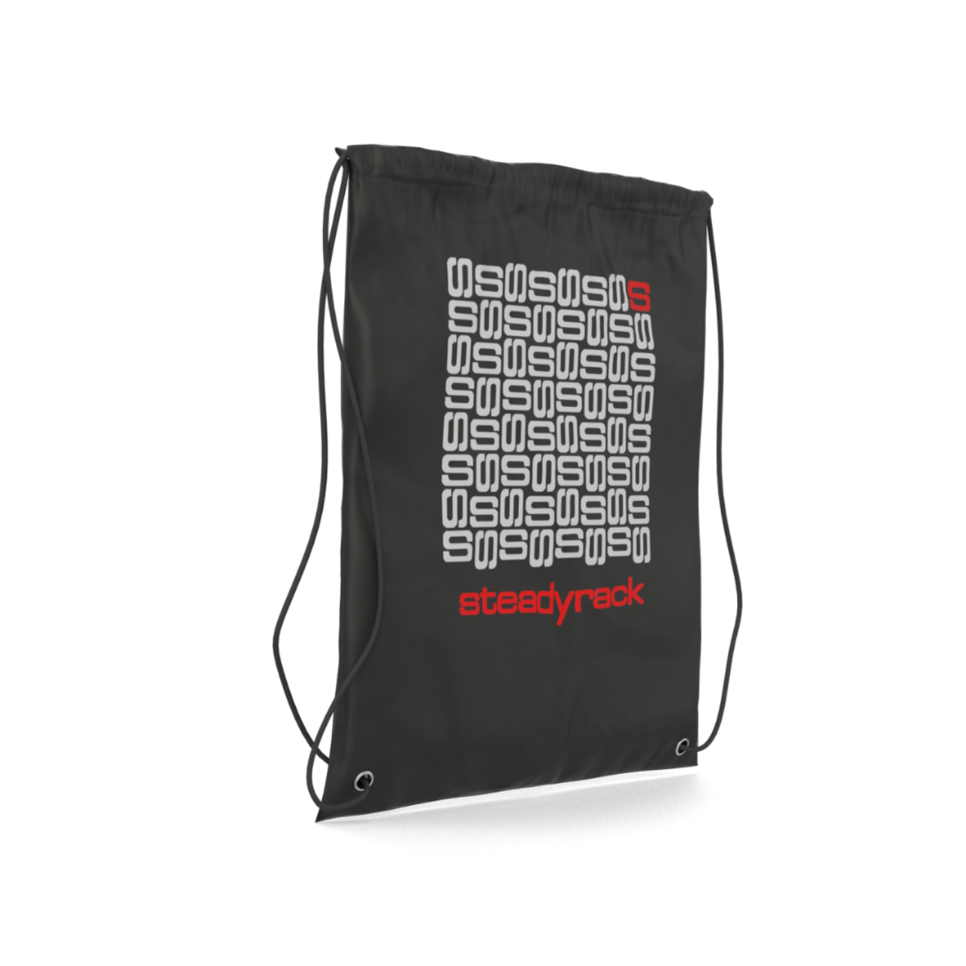 A side view of a black drawstring bag with the Steadyrack 'S' Block logo in white.