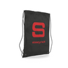A side view of a black drawstring bag with a red 'S' logo and the brand name 'steadyrack' printed in red on the front.