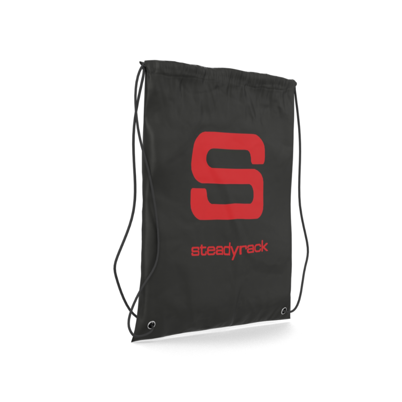 A side view of a black drawstring bag with a red 'S' logo and the brand name 'steadyrack' printed in red on the front.