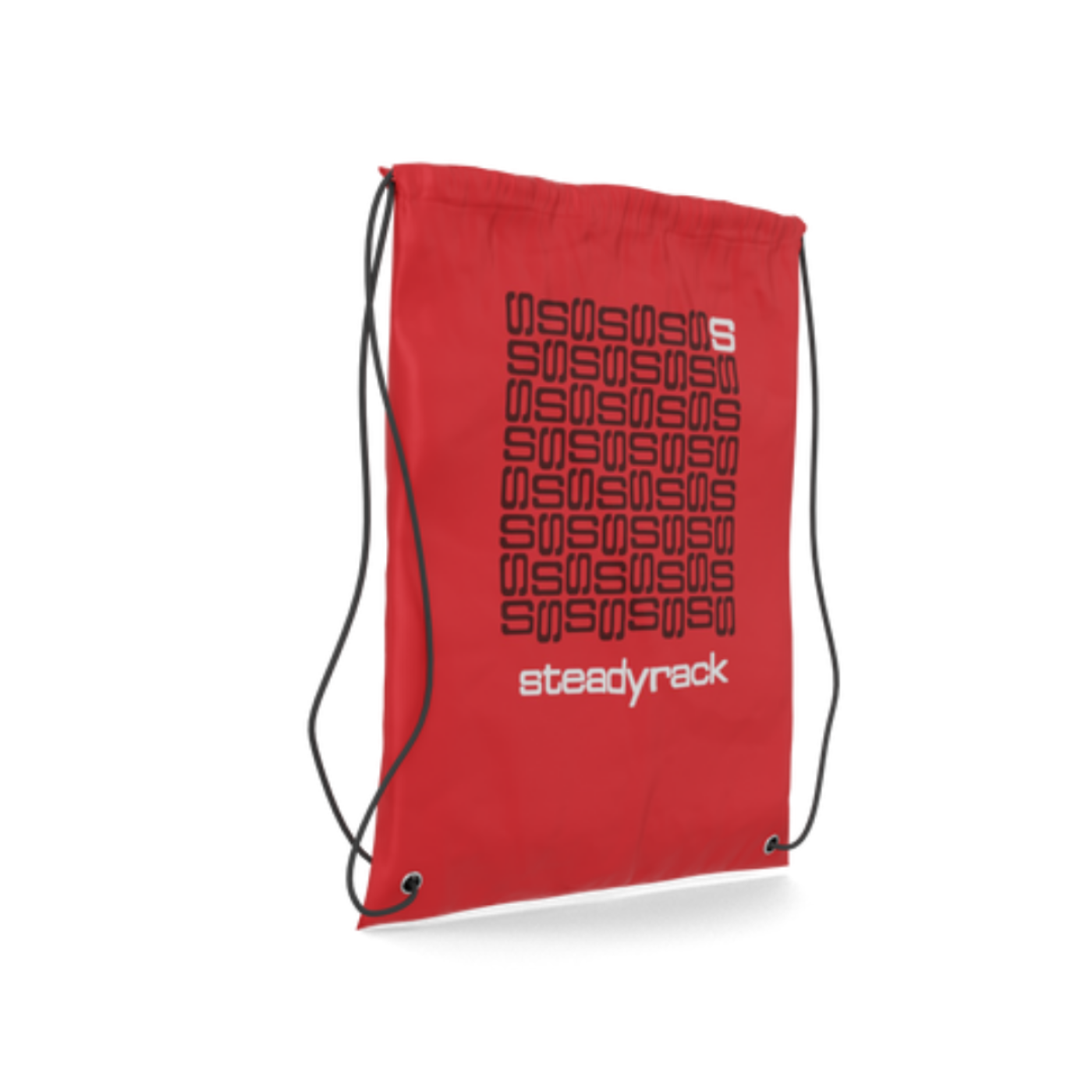 A side view of a red drawstring bag with the Steadyrack 'S' Block logo in white.