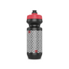 A black water bottle with a red lid printed with a Steadyrack logo.