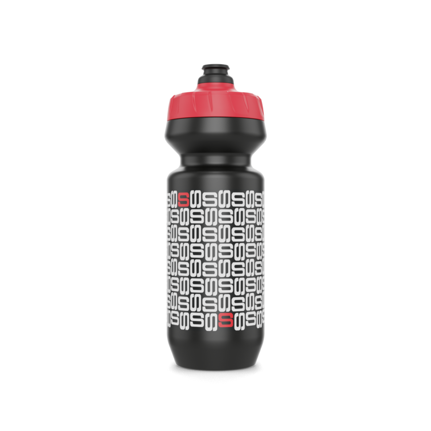 A black water bottle with a red lid printed with a Steadyrack logo.