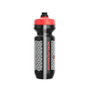 A side view of a black water bottle with a red lid printed with a Steadyrack logo.