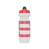 A clear water bottle with a red lid printed with a Steadyrack logo.