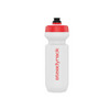 A side view of a clear water bottle with a red lid printed with a Steadyrack logo.