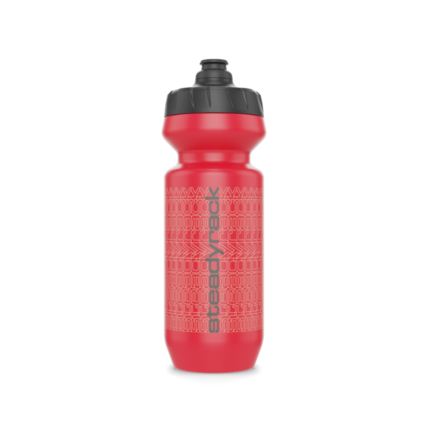 A red water bottle with a black lid printed with a Steadyrack logo.