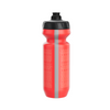 A side view of a red water bottle with a black lid printed with a Steadyrack logo.