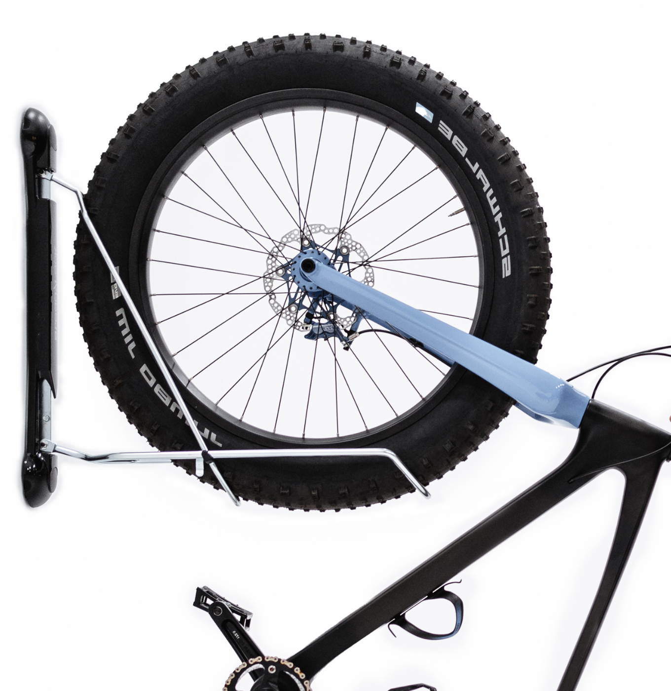 A side view shot of a fat tyre bike in a Steadyrack bike rack.