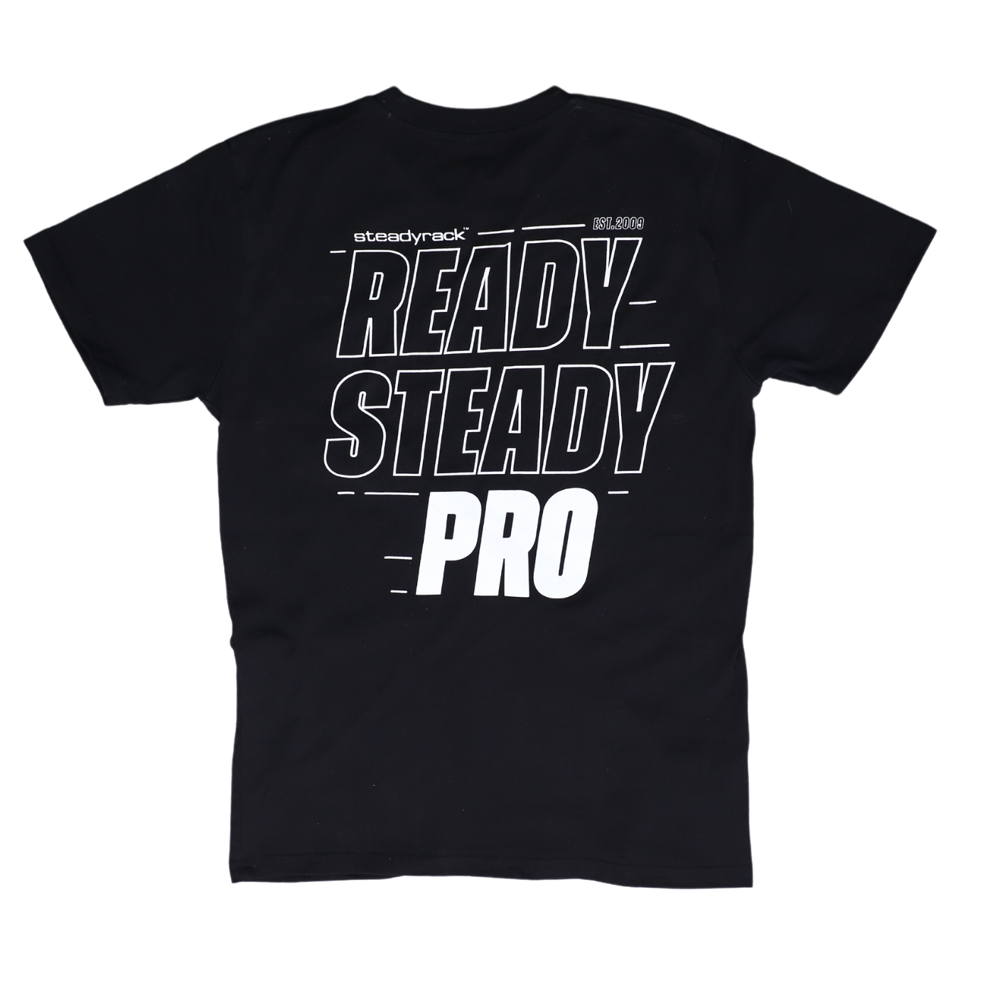 The back of a black t-shirt with a white Ready Steady Pro logo.