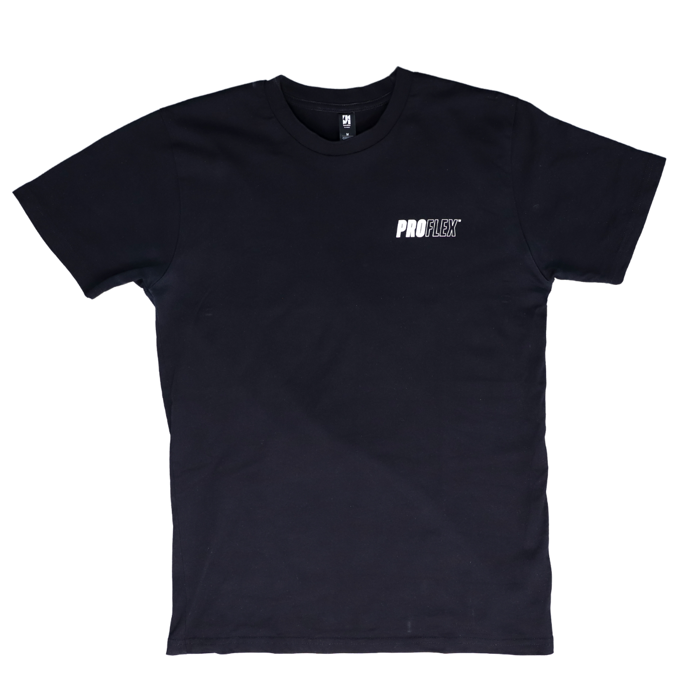 A black t-shirt with a white Steadyrack ProFlex logo.