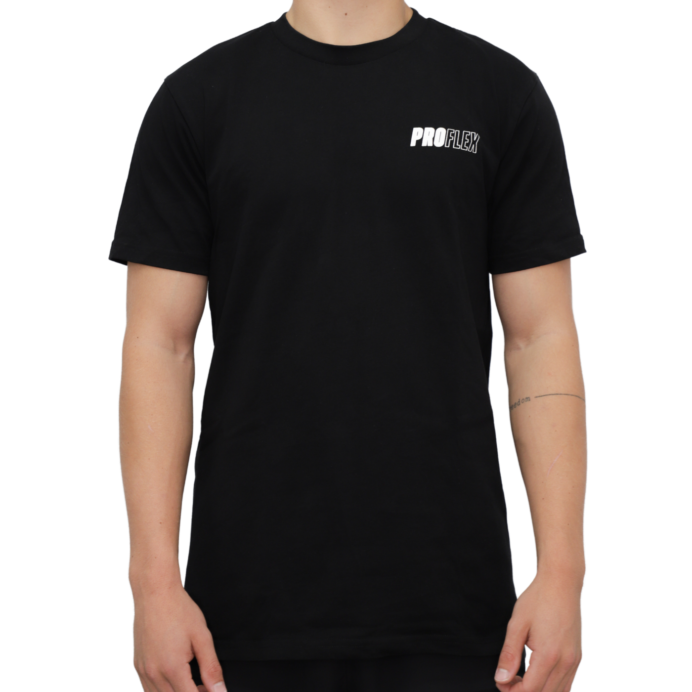 A model wearing a black t-shirt with a white Steadyrack ProFlex logo.