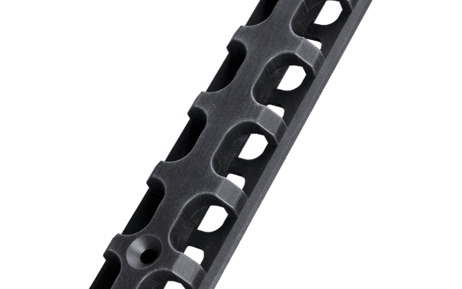 A close up of a black metal GearMate spine.
