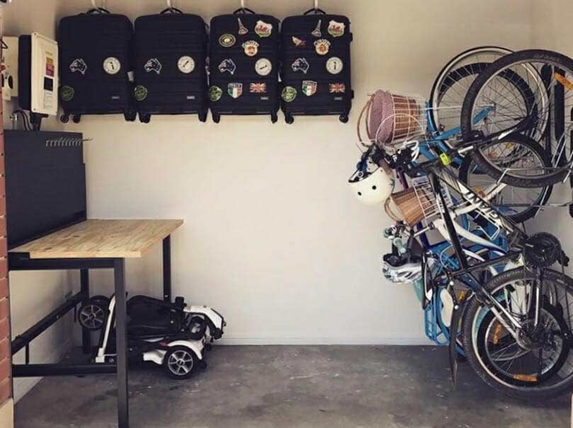 A photograph of a row of Steadyracks in a garage