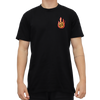 A model in a black t-shirt with a Steadyrack flame logo. 