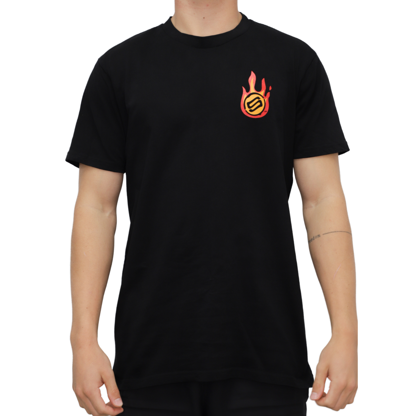A model in a black t-shirt with a Steadyrack flame logo. 