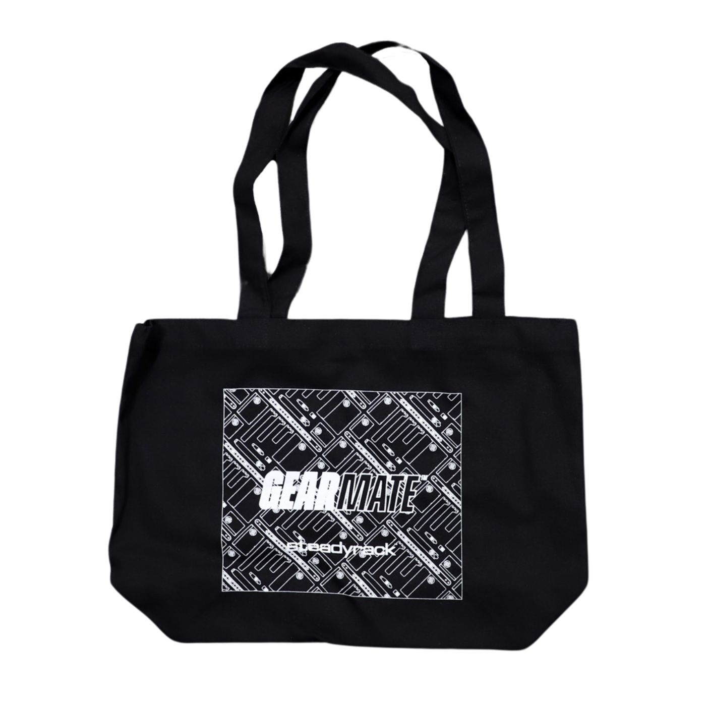 A black GearMate printed canvas tote bag.