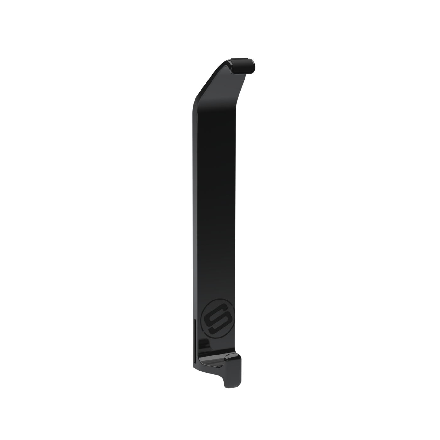 A black GearMate Helmet Hook designed to attach to a helmet for secure storage.