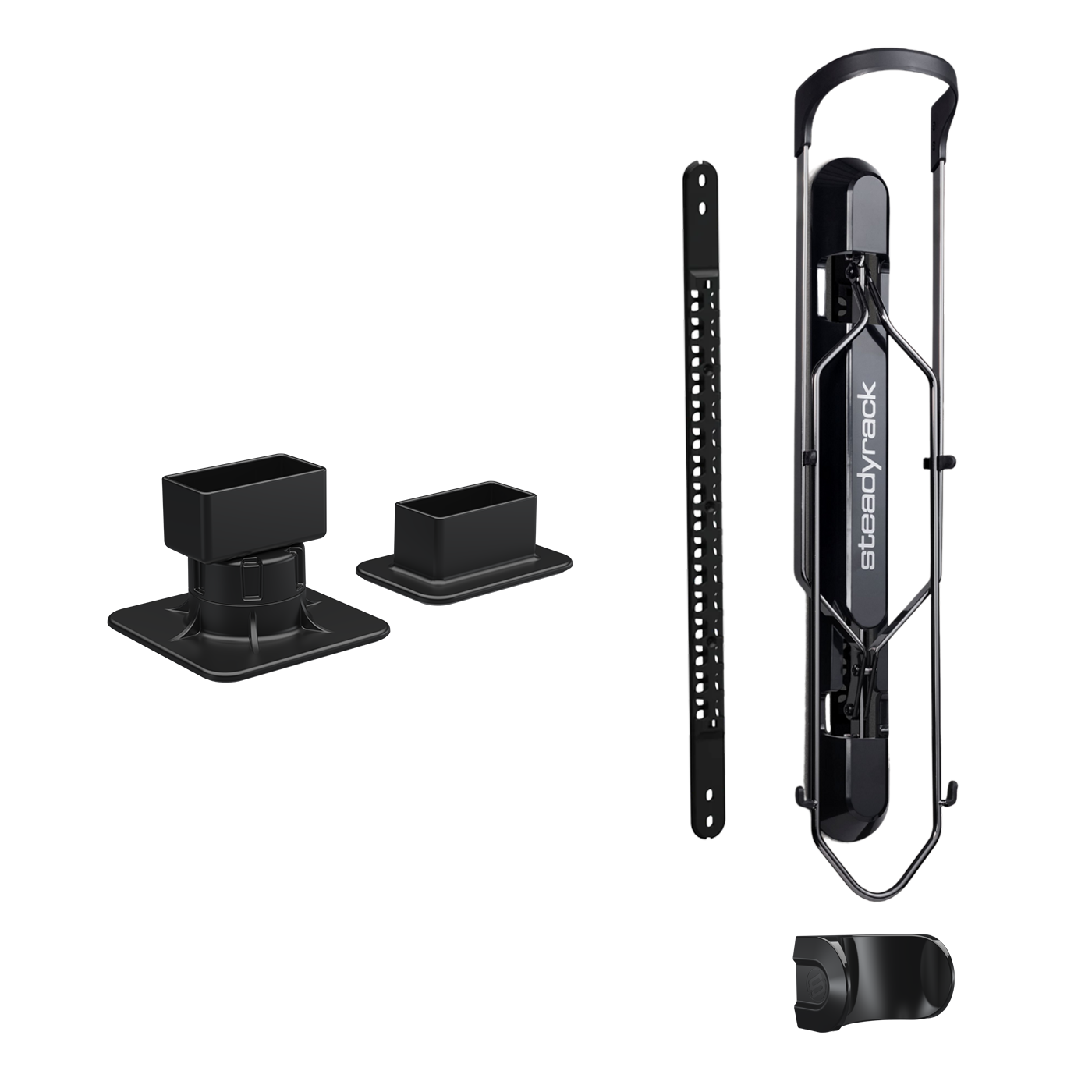 Black bike rack system with mounting brackets on a white background