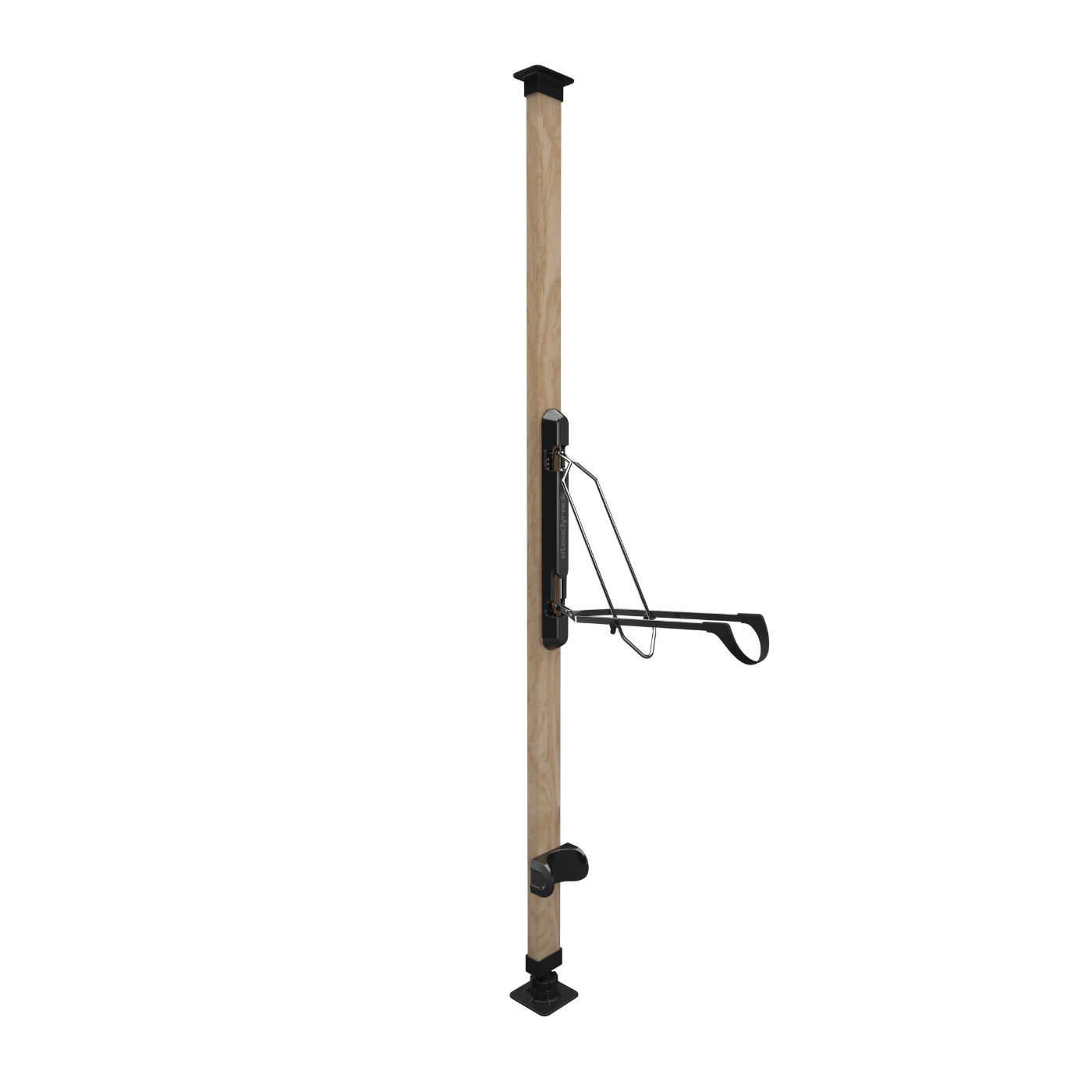 Wooden pole with metal bracket on a white background