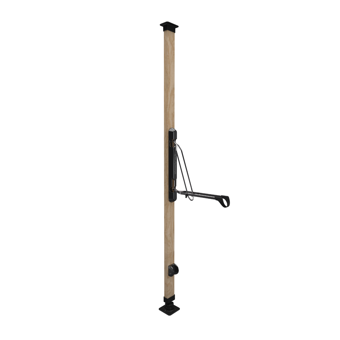Wooden pole with metal bracket on a white background