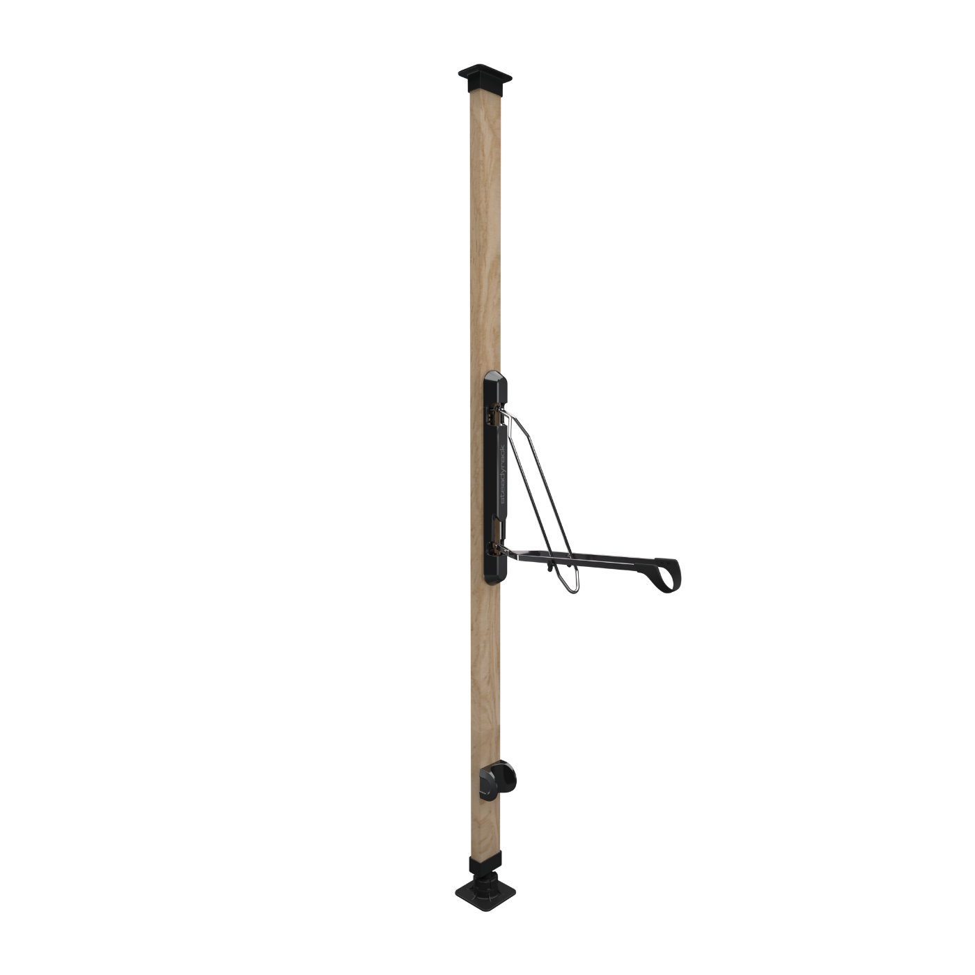 Wooden pole with metal bracket on a white background