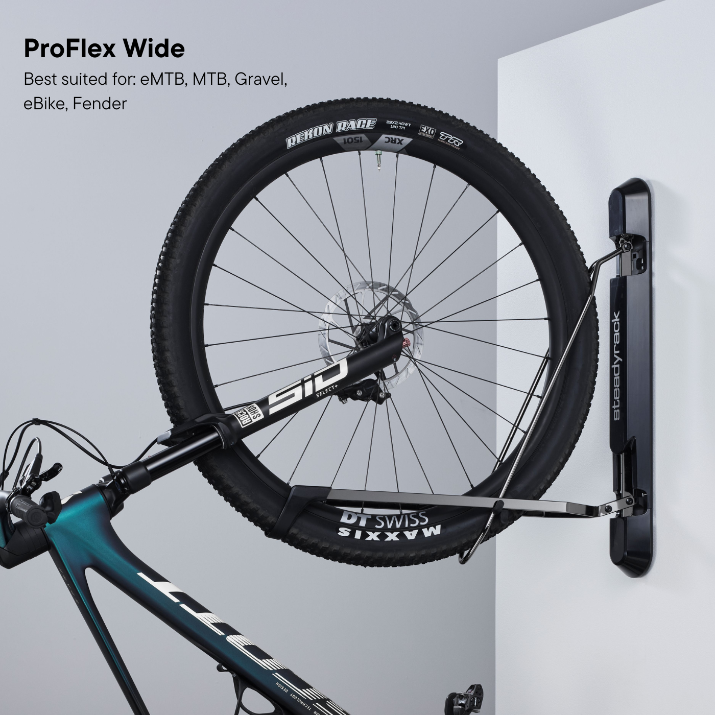 A wide tyre mountain bike being stored in a ProFlex Rack.