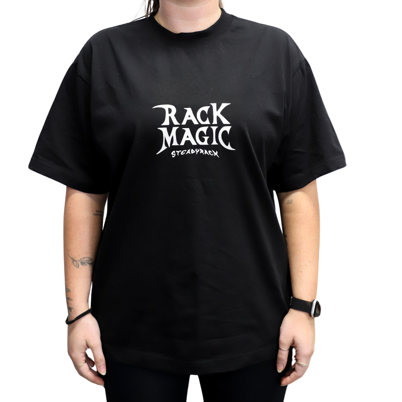 Person wearing a black t-shirt with 'Rack Magic' text on a white background