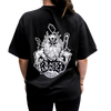 Black t-shirt with a white graphic design on the back, featuring a bearded figure and text.