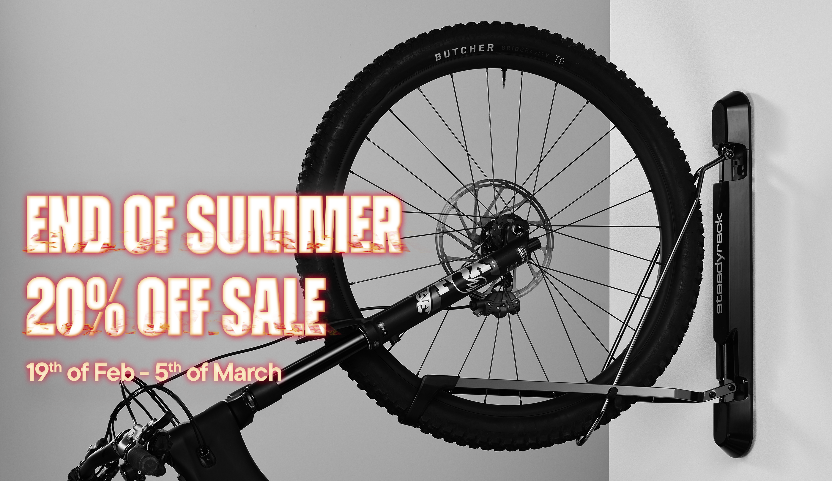 End of Summer Sale 20% Off text overlay on a bike in a black bike rack